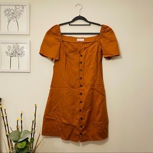 LINEN LUX linen puff-sleeve dress, rusty orange